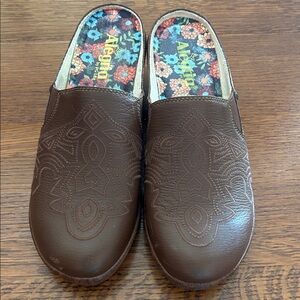 Alegria Brown Embossed Leather Slip-On Clog